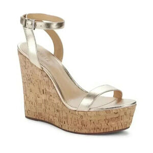 Schutz Eduarda Cork Wedge Platform Sandals Ankle Strap Gold Metallic 10.5 NEW
